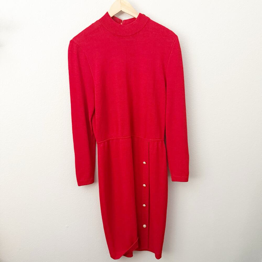 ST. JOHN | Red Knit Dress Pearl Button Vintage Sweater Mock Neck Long Sleeve | 8